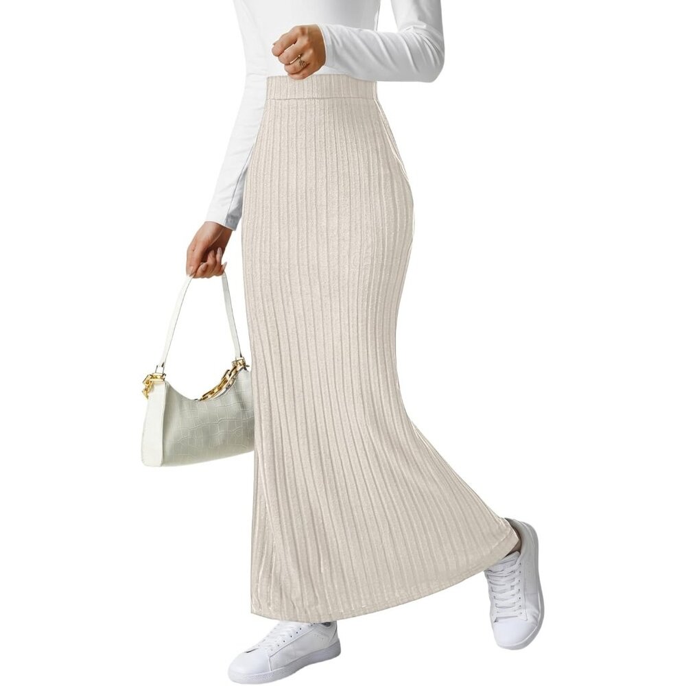 Women's Solid Beige Ribbed Knit Pencil Side Slit Waist Bodycon Long Midi Skirt